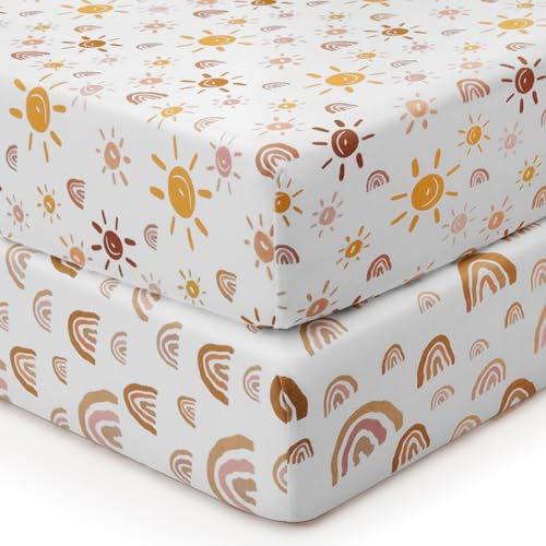 Image of Babebay Crib Sheets for Baby Boys and Girl, Jersey Cotton Fitted Crib Sheet for Crib Mattress & Toddler Bed, Neutral Baby Sheets, 2 Pack(Boho Rainbow)