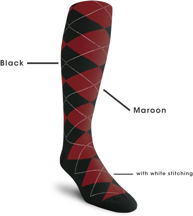 Golf Knickers Colorful Knee High Argyle Cotton Socks For Men Women and Youth (AA-ZZ) Black/Maroon 10-13