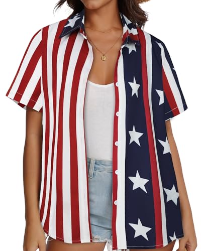 Image of Women Hawaiian Shirt Button Down Summer Tops Beach Short Sleeve Blouse