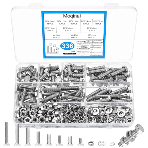 Moqinai 336 Stück M6 Edelstahl Sechskantschrauben Muttern Set Maschinenschrauben Sortiment Metrische Gewindeschrauben Set Schraubenset mit Unterlegscheiben Sets Sechskant Schrauben mit Muttern(M6)