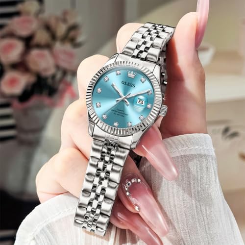 Image of OLEVS Watch Women Silver Watch for Women Luxury Diamond Womens Watches for Small Wrist Stainless Steel Waterproof Analog Quartz Date Elegant Reloj para Mujer