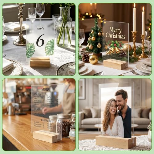 Image of Bercoor 10 Pack 4x6 Inch Blank Clear Acrylic Sign with Wooden Stands, Rectangle Top Acrylic Sheet, DIY Acrylic Rectangle Table Numbers for DIY Name Card Gifts Event Party Sign Decoration