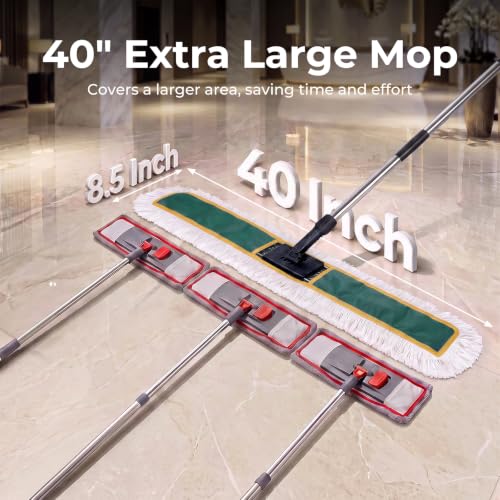 Image of 40 inch Commercial Dust Mop, Large Dust Mop with 2 Washable Pads, Green | Industrial Mop with 2 Washable Pads, Large Heavy Duty Industrial Push Mop for Hardwood, Marble, Laminate, Vinyl, Concrete