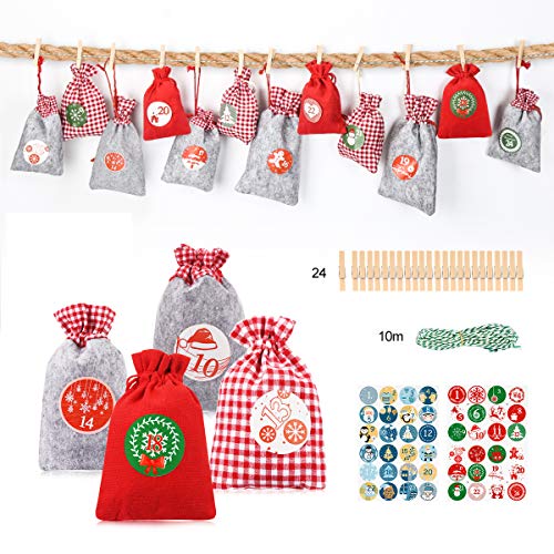 Folia Calendario Dell'Avvento Fai Da Te Con 24 Sacchetti Effetto Iuta E Ciondoli Numerati - Corda Inclusa Per Creare La Tua Calza Dei Regali - 2