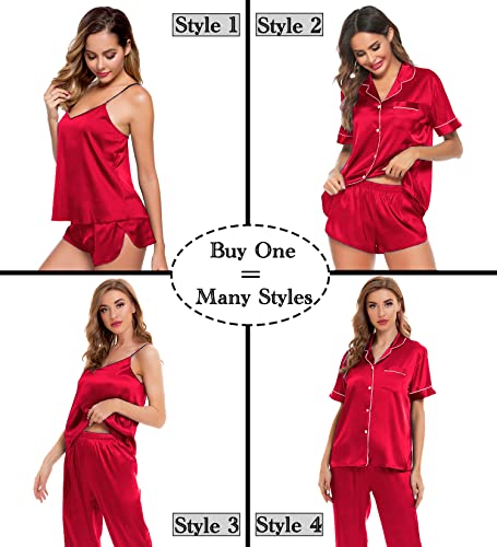 Image of SWOMOG Womens Silk Satin Pajamas Sets 4pcs Sleepwear Sexy Cami Shorts Set and Button Down Short Sleeve Pjs Loungewear