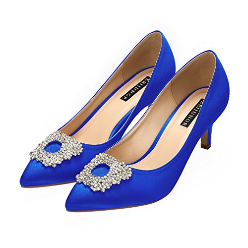 ERIJUNOR Women's Pumps Low Heel Rhinestone Brooch Satin Evening Dress Wedding Shoes - Image 4