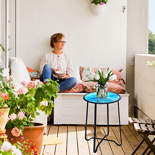 Liffy Outdoor Side Tables For Patio-Small Mosaic Patio Table, Jellyfish 14” Accent Round Side Table Glass Plant Stand For Garden Patio Living Room,Small Pool Patio Outdoor Side Table #TOP7