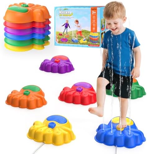 Water Spraying & Light Up Stepping Stones for Kids, 6 Pcs Durable Non-Slip Toddler Stepping Stones, Indoor/Outdoor Games Toys for Kids, Obstacle Course for Kids 3+ Years Old