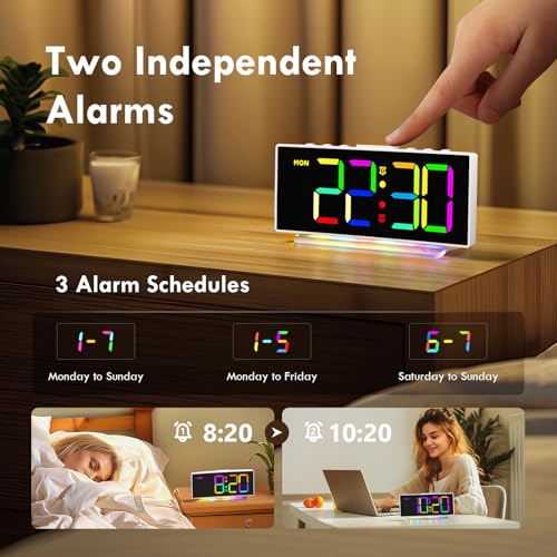 HERMIC Réveil Numérique LED Courbé Avec Lumière RGB, Double Alarme, 12/24H, Luminosité Réglable (Adaptateur Inclus) – vue 7