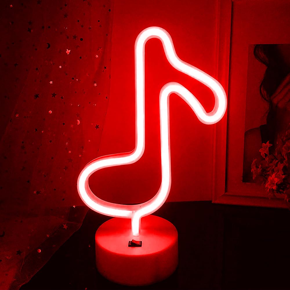 JEMESI - Lampade al neon LED a forma di nota musicale, lampada al neon rossa con base di supporto, USB o batteria, per feste, matrimoni, compleanni, festival, decorazioni