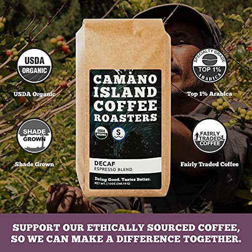 Camano Island Coffee Roasters Decaf Espresso Blend, Whole Bean 12Oz, Fresh Dark Roast Swiss Water Processed, Usda Organic, Fairly Traded, Shade Grown Top 1% Arabica, Sweet Molasses, Mixed Berry Flavor #TOP3
