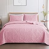 Whale Flotilla Soft Twin Quilt Bedding Set for All Seasons, Elegant Vintage Damask Ultrasonic Quilts Set, Lightweight Reversible Bedspread, Coverlet, Bed Cover with 1 Pillow Sham, Pink