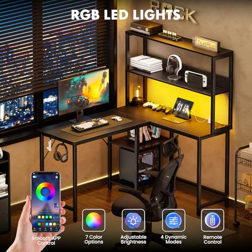 Image of DUMOS 53 inch L Shaped Gaming Desk with LED Light & USB Power Outlet, Black