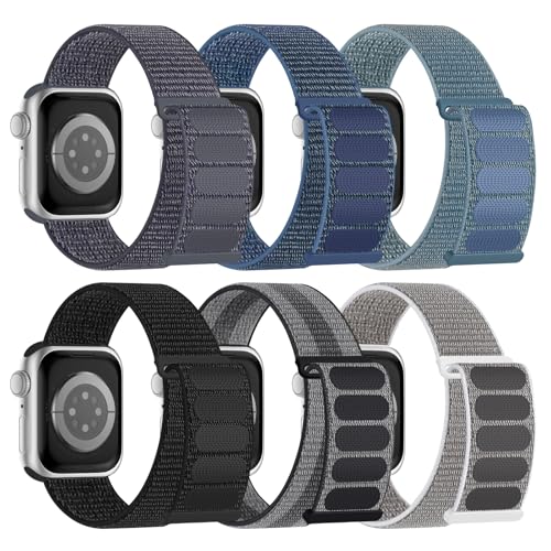 6 Pack Sport Nylon Loop Band Compatible with Apple Watch Band 38mm 40mm 41mm 42mm 44mm 45mm 46mm 49mm for Women Men, Adjustable Breathable Braided Straps for iWatch Series 11/10/9/8/7/6/5/4/3/SE/Ultra