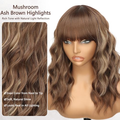 Image of Nnzes Short Wavy Bob Wig with Bangs for Women Shoulder Length Curly Soft mushroom ash brown highlights Synthetic Heat-Resistant Fiber Hair for Daily & Party Use