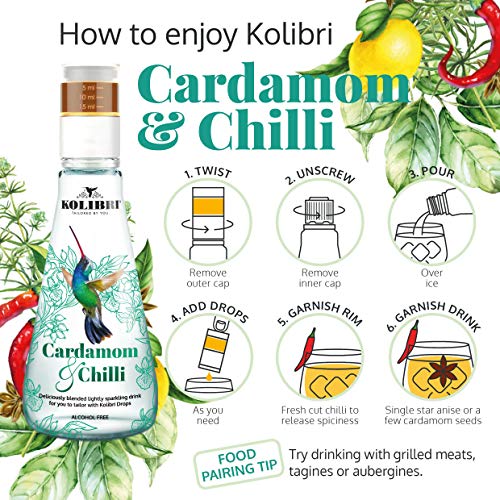 Cardamom & Chilli Naturally Flavored Sparkling Water by Kolibri - Non Alcoholic Drinks, Cocktail Mixers with Agave Syrup - Botanical, Bubbly, Fizzy Natural Spring Tonic Water for Mocktails (6 Pack)