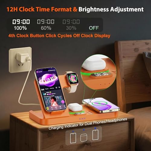 Image of Dual Phone Magnetic Wireless Charging Station for Apple Devices, 7-Color Auto Light & 12H Clock, Multi-Device Charger for iPhone 17 /16 /15, for iWatch 11 /10 /9 & AirPods Pro3(Orange