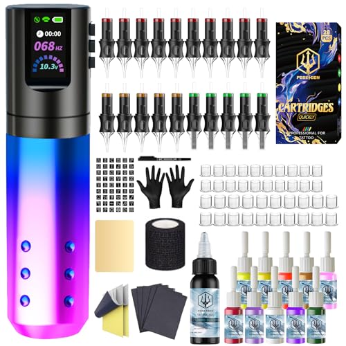 Kit de Machine à Tatouer Rotative Sans Fil POSEIDON avec 20 Cartouches d'Aiguilles, Encres & Batteries Rechargeables | Pistolet à Tatouer Professionnel...