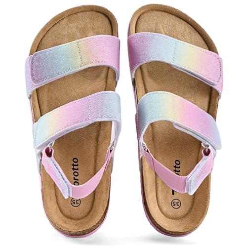 Image of Torotto Girls Boys Sandals with Cork Footbed Adjustable Straps Summer Glitter Slides Sandals Open Toes Flat for Kids Toddler