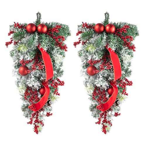 glitzhome 2Pcs Christmas Teardrop Swag, Artificial Swag Wreaths with Berries, Pinecone and Red Ball Ornament, 25