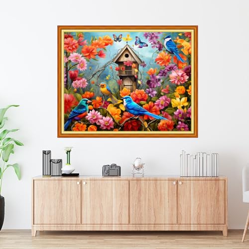 Image of Foxdiviy Stamped Cross Stitch Kits - Birds and Flowers 16x20 inch - 11CT Embroidery Patterns - Art Crafts DIY Needlework Starter Kits for Beginners Adults All Ages