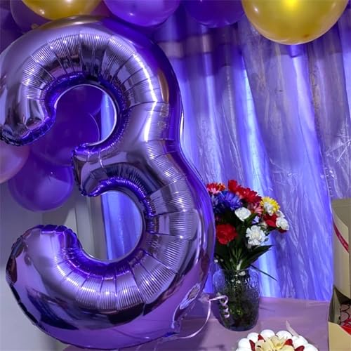 Image of 3rd Birthday Number Balloons for Kids, Self Inflating 40 Inch Purple Foil Balllons, Large Number 3 Balloons for Women 30th Birthday Party Bridal Shower Anniversary Graduation Party Decor Girl Supplies