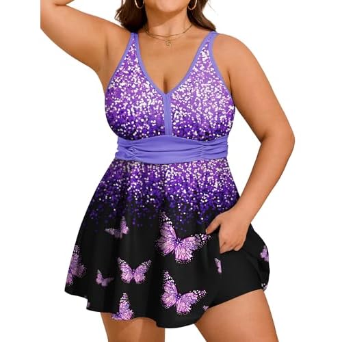 Arolina Women's Plus Size Tankini Swimsuits Two Piece Tummy Control Swim Dress Hide Belly Bathing Suits with Boyshorts Purple Butterfly 20 Plus