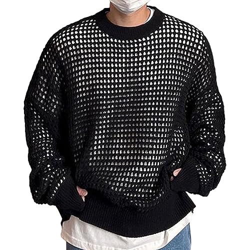 Men's Fall Loose Sweater Solid Color Hollow Out Round-Neck Long Sleeve Sweaters Spring Fall Knitwear Jumper Tops3