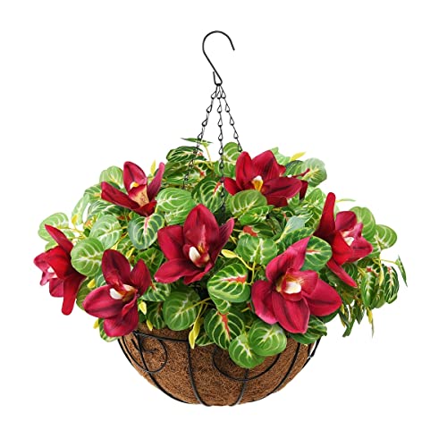 INQCMY Artificial Flowers with Hanging Basket,Fake Orchid Flowers Branches Real Touch (Not Silk) for Outdoor/Indoor,Artificial Plants in Coconut Lining Hanging Baskets for Patio Garden Decor(Red)
