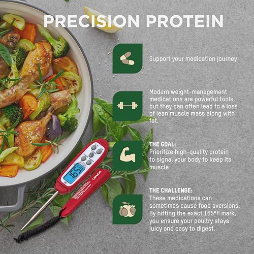 Taylor Digital Instant Read Meat Thermometer for GLP-1 High Protein Meal Prep – Waterproof Kitchen Probe for Chicken, Steak, Lean Cuts, Grill, BBQ – Fast Temperature Check, Blue Backlight Display, Red by Taylor - Image 5