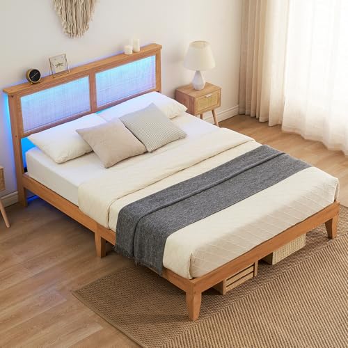 Garvee Rattan Full Bed Frame with LED Lights,Natural Rattan Headboard, Solid Wood Foundation with Silent Slats, Platform Full Size Bed Frame, Noise-Free, No Box Spring Needed, Easy Assembly