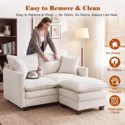 Image of 50'' L-Shape Loveseat Sofa with 22 inch Ottoman, 2 Seat Modern Cloud Couch with 2 Washable Pillows for Small Space Apartment Office Living Room Bedroom, Beige