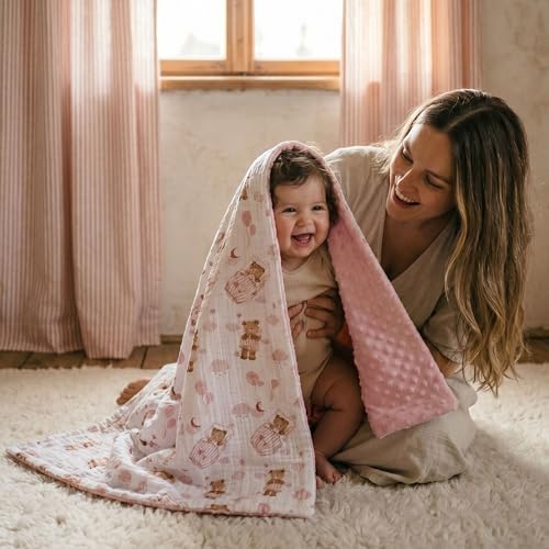 Image of GLLQUEN BABY Blankets for Girls, Soft Muslin Cotton Front Dotted Fleece Backing, Nursery Minky Crib Blanket for Infant Toddler, 30 x 40 inches Throw Blanket, Pink Bear