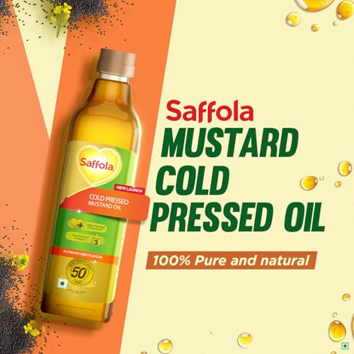 Image of Saffola Cold Pressed Mustard Oil | 100% Cold Pressed Mustard Seed Oil | Kachi ghani Mustard Oil, 0 trans fat, Unrefined, Chemical free | Helps Manage Cholesterol, Goodness of Omega 3 with Authentic Seed Flavour | 1L Pet Bottle