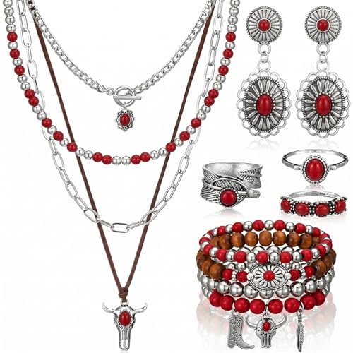Image of Ecally Bohemian Western Jewelry Turquoise Set Women Country Pendant Long Choker Layered Bracelets Earrings Ring for Women