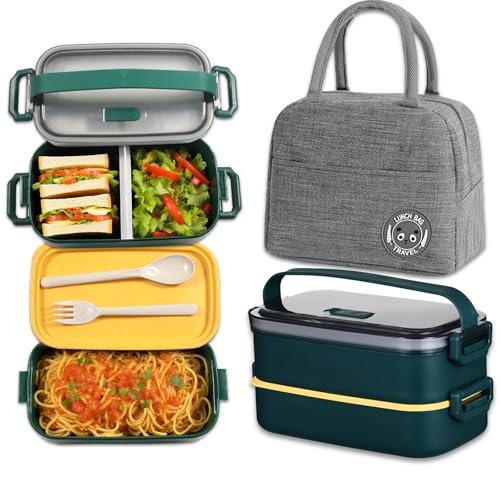 Haoh Bento Lunch Box Kit, 1600ml Boite Repas avec Couverts e Sac Isotherme Repas, Hermétique Boîtes Bento pour Pique-Nique, Travail, Goûter, Boîte à Lunch Micro Ondes(Vert foncé)