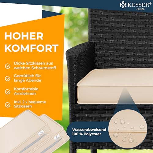 KESSER® Polyrattan Gartenbank mit Tisch, 2 Sitzer, 143x63x88cm Gartenbank wetterfest, Sitzbank Outdoor, Balkonbank mit Ablage, Gartenmöbel Rattan Bank für Garten & Balkon + Kissen & Cover, Schwarz 4