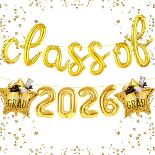 Class of 2026 Balloons 16 Inch Congrats Grad Balloon Gold Graduation Letter Number Star Balloons for Graduation Decorations Class of 2026