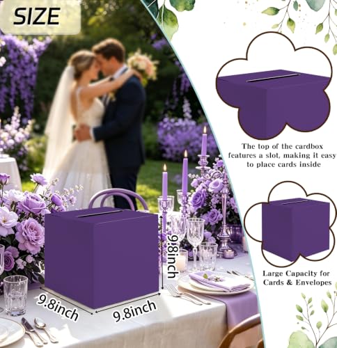 Image of SietDESEO Purple Card Box for Graduation Large Gift Card Box Holder 9.8 inch x 9.8 inch Money Cards Box Diy Card Box for Wedding Reception Baby Shower Birthday Cards Box Holder