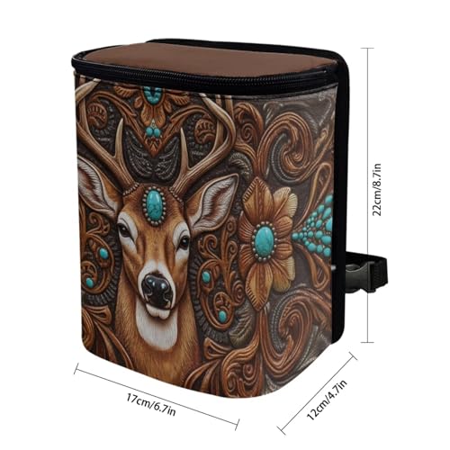 Image of Talayituse Vintage Brown Elk Print Car Trash Bin, Large Size Auto Trash Can Adjustable Portable Garbage Can with Lid, Vehicle Hanging Bag for Headrest Front Back Seat