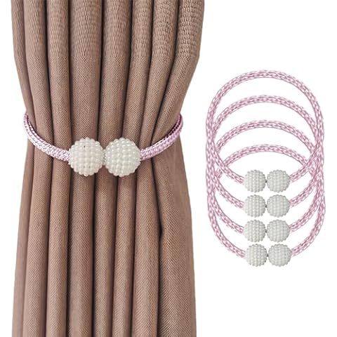 Yiaizhuo 4 Curtain Tiebacks Holdbacks Magnetic Buckle Woven Tie Hold Back Clips Rope Holder Tieback Holdback Curtains Decoration Pearl Pink Cover