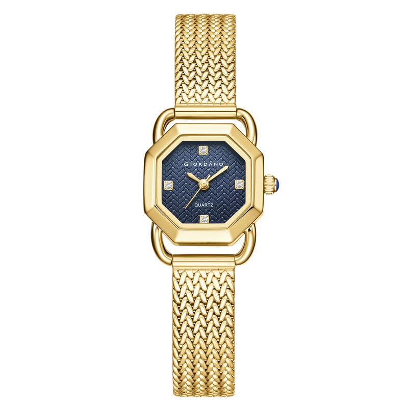 Image of Giordano Analog Quartz Watch for Women with Octagonal Textured Dial, Crystal Hours Markers, Blue Crown and Mesh Metal Strap