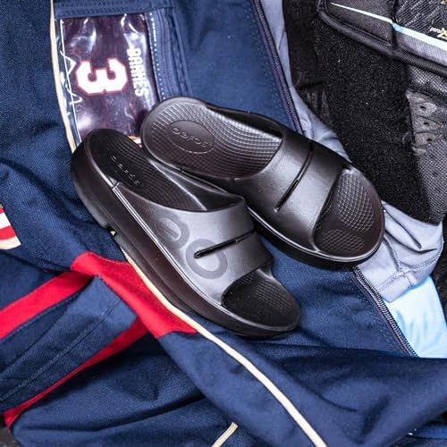 OOFOS OOahh Sport Slide Sandal, Matte Black - Men’s Size 11, Women’s Size 13 - Lightweight Recovery Footwear - Reduces Stress on Feet, Joints & Back - Machine Washable - Hand-Painted Graphics | Image 3