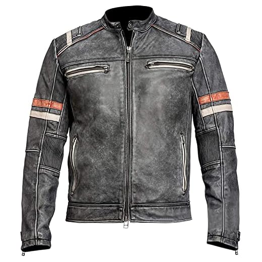 Jaqueta masculina de couro preto para motociclista marrom couro genuíno jaqueta café Racer Biker Brando, Cinza, XXL