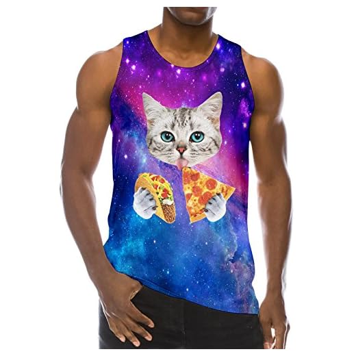 Loveternal Homme Pizza Chat Gilets 3D Imprimé Graphiques sans Manches Workout Drôle Débardeur XL