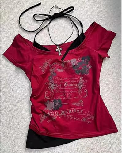 Emo Grunge Shirt Women Tees Graphic Baby Y2k Crop Tops Alt Clothes Fake Two Piece Short Sleeve Vintage T Shirts2