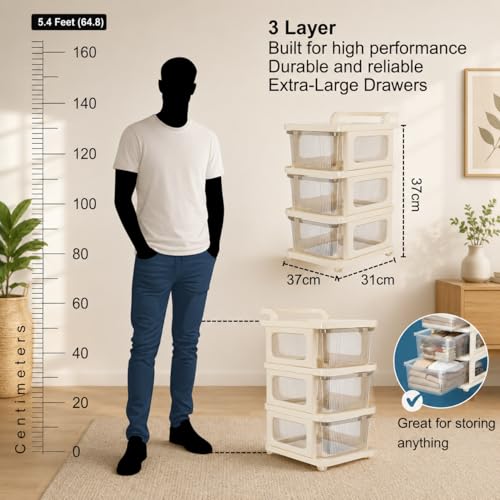 Image of URBAN LUXY Plastic Storage Drawer Organizer with Wheels | Multi-Purpose Chest of Drawers for Home, Office & Bedroom | Clothes, Toys & Stationery Organizer ((Ivory & Brown), 3 Layer)