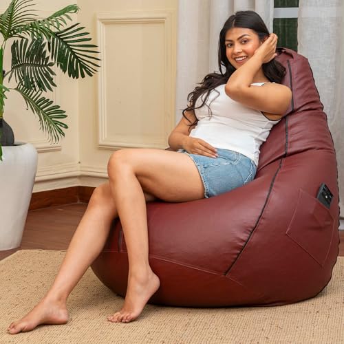 Image of Sattva Classic Piping XXXL Bean Bag with Pocket Filled with Beans | Faux Leather Teardrop Bean Bag for Adults & Teens | Pre-Filled Comfortable Seating for Bedroom, Living Room - Tan with Black Piping
