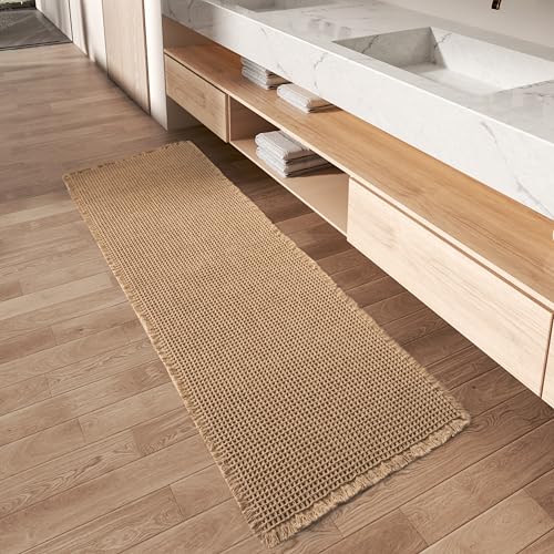 Upgraded Waffle Runner Rug, Super Absorbent Non Slip Bath Mats for Bathroom Floor, Machine Washable Bathroom Runner Rug with Tassels, Ideal for Hallway Bedroom Laundry Room, Brown, 2'x 5'(24' x 60')
