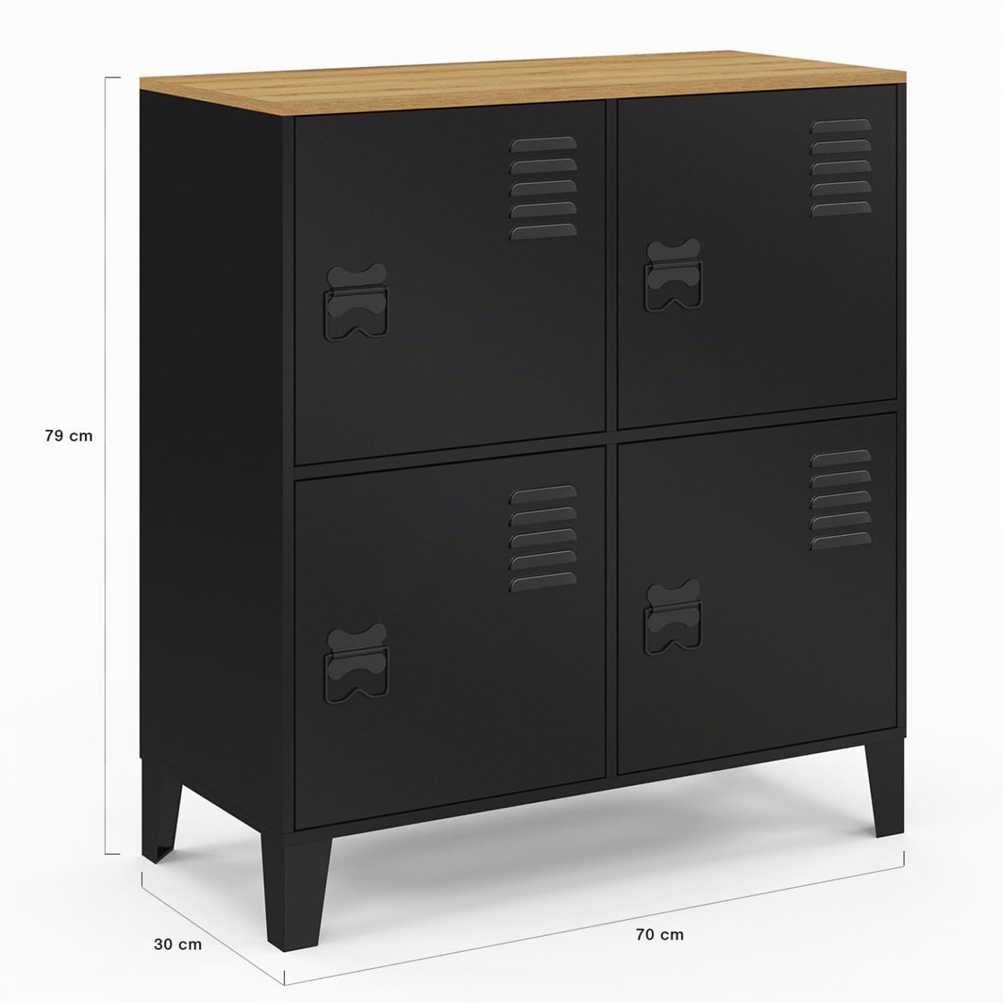 IDMarket – Aparador auxiliar de taquilla de 70 cm Ester 4 puertas de metal negro bandeja madera diseño industrial